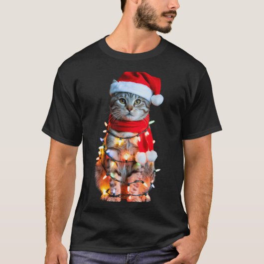 T-shirt Cute Christmas Tabby Cat In Lights Santa Hat For K (Devant)