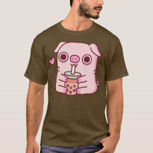 T-shirt Cute Chubby Piggy Aime Boire Du Thé De Bulle