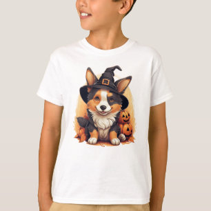 T-shirt Cute Corgi Design avec Citrouilles et sorcières Ca