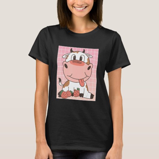 T-shirt Cute Cow Eating Strawberries (Devant)