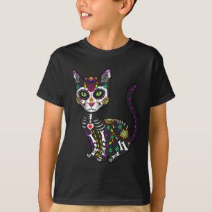 T-shirt Cute Crâne Sucre Mexicaine Chat Halloween Jour De