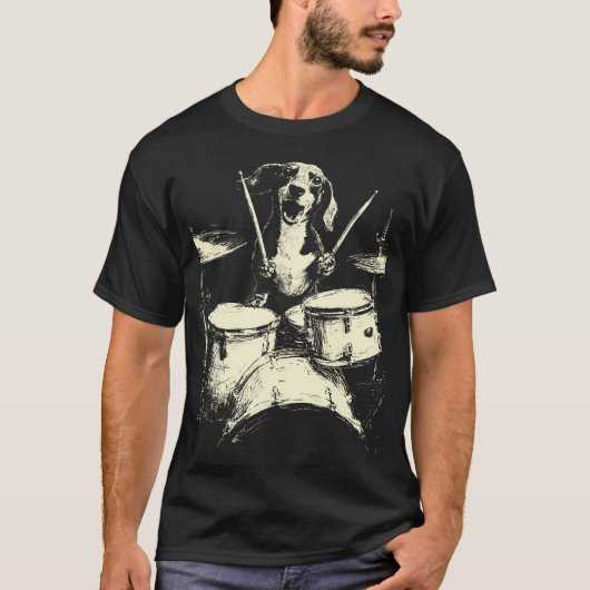 T-shirt Cute Dachshund Playing Drums Funny Music Sausage D (Devant)
