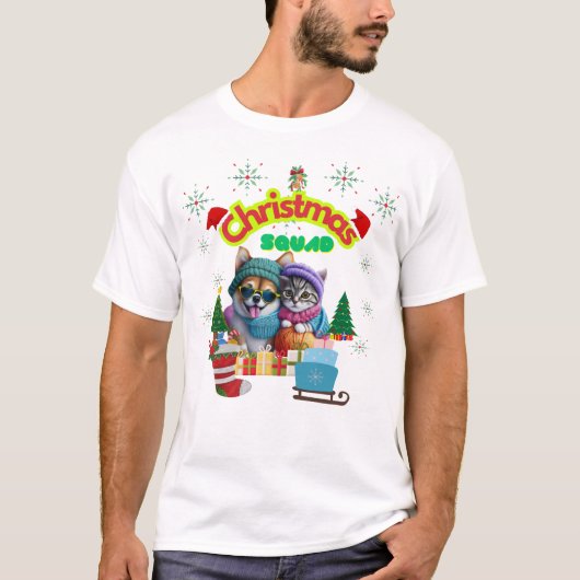 T-shirt Cute dog and cat Christmas squad design  (Devant)