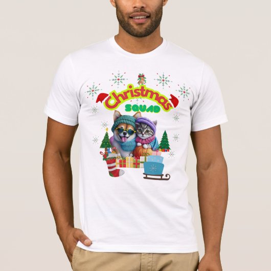 T-shirt Cute dog and cat Christmas squad design  (Devant)
