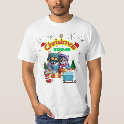T-shirt Cute dog and cat Christmas squad design  (Devant)