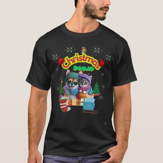 T-shirt Cute dog and cat Christmas squad design (Devant)