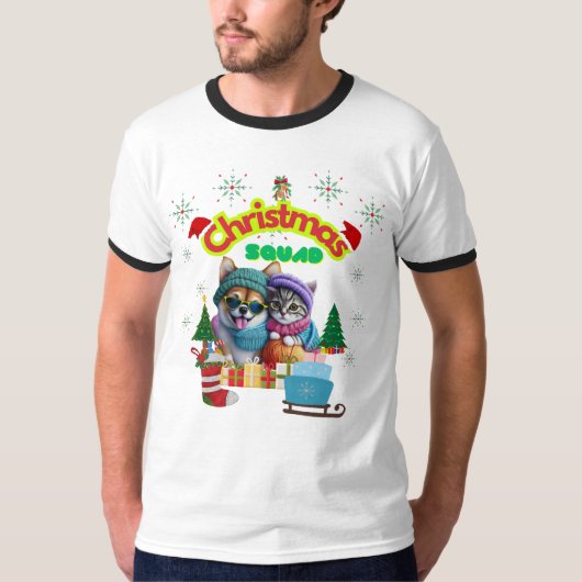 T-shirt Cute dog and cat Christmas squad design (Devant)