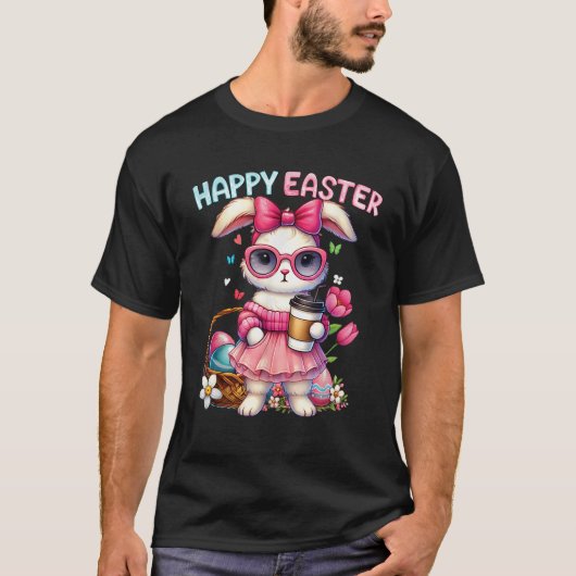 T-shirt Cute Easter Bunny Drinking Ice coffee Easter Bow W (Devant)