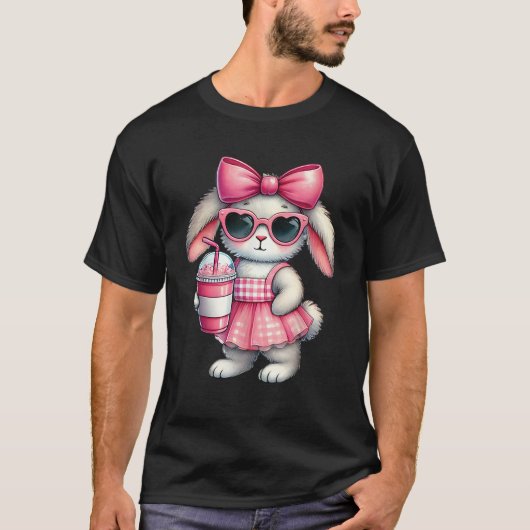 T-shirt Cute Easter Bunny drinking Ice coffee Easter Bow W (Devant)
