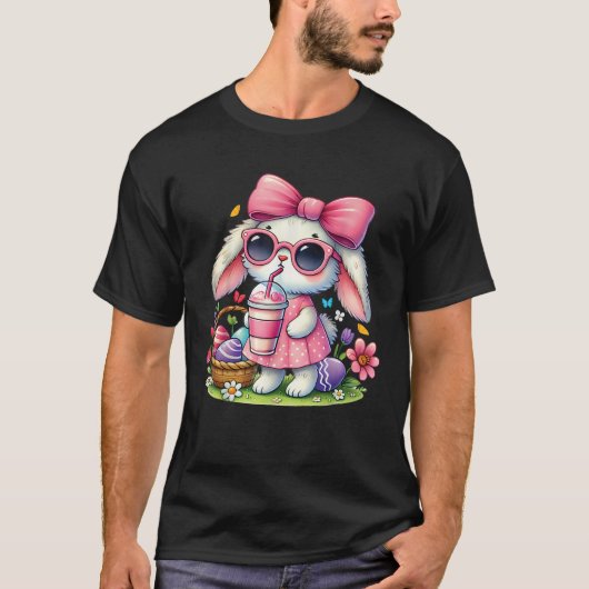 T-shirt Cute Easter Bunny drinking Ice coffee Easter Bow W (Devant)