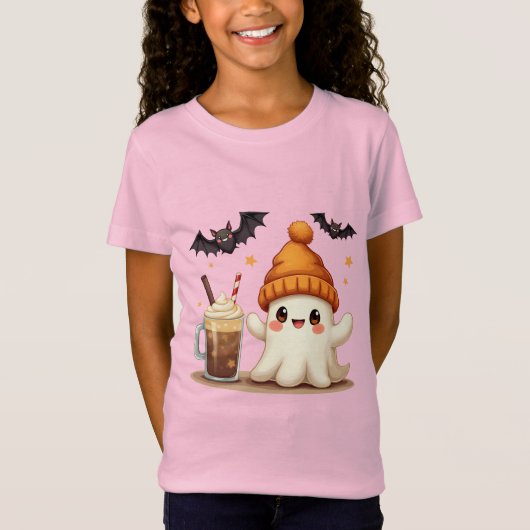 T-Shirt Cute fantôme avec café et chauves-souris Halloween (Devant)