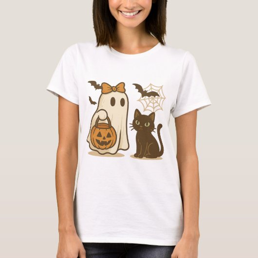 T-shirt Cute fantôme avec cou et chat noir - Éffrayant Kaw (Devant)