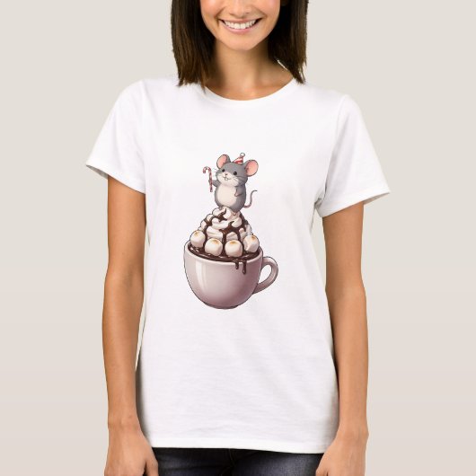 T-shirt Cute Festive Mouse Standing on Hot Chocolate (Devant)
