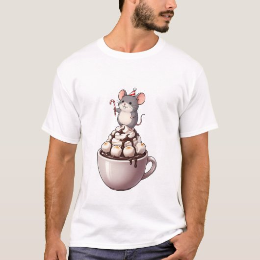 T-shirt Cute Festive Mouse Standing on Hot Chocolate (Devant)