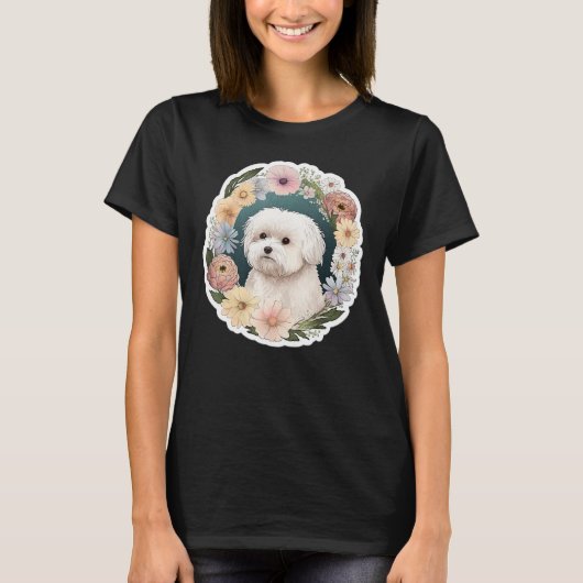 T-shirt Cute Flower summer Floral Maltese dog (Devant)