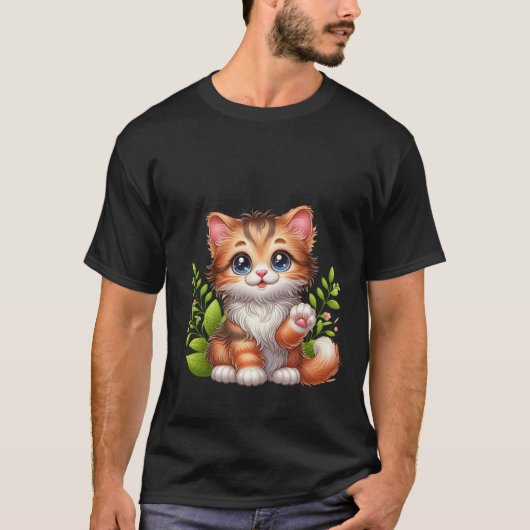 T-shirt Cute Fluffy Ginger Cat Waving Hello Art ✨🐾🌿 (Devant)