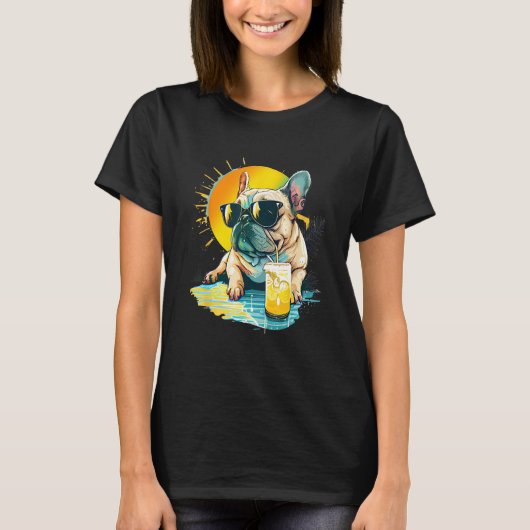 T-shirt Cute French Bulldog chillin tropical drink on summ (Devant)