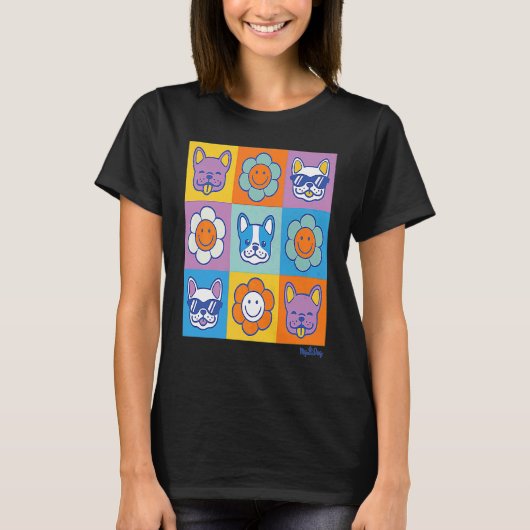 T-shirt Cute French Bulldogs with Retro Smiling Daisy Flow (Devant)