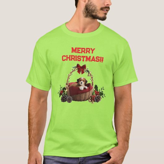 T-shirt Cute Fun Merry Christmas Puppy Basket (Devant)