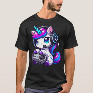 T-shirt Cute Funny Unicorn Wearing Headphones Playing Vide