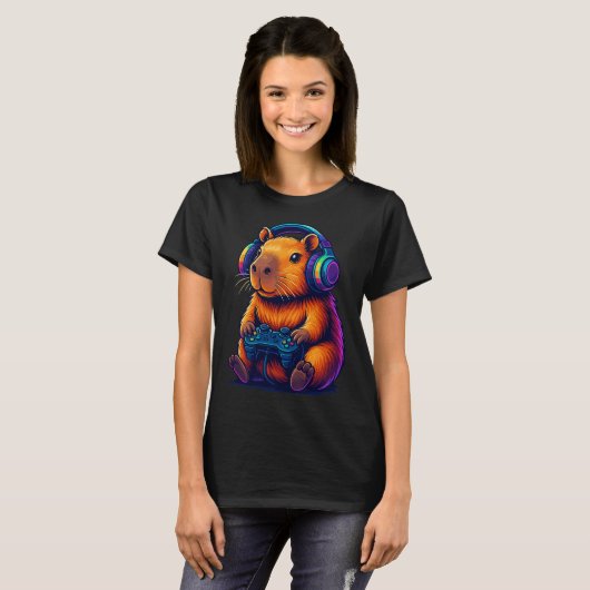 T-shirt Cute Gamer Capybara — with Headset & Controller (Devant entier)