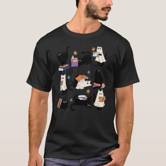 T-shirt Cute Ghost Cat Reading Books Lover Bookish Hallowe (Devant)