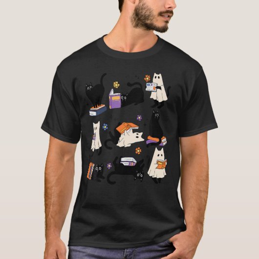 T-shirt Cute Ghost Chat Lecture Livres Lover Bookish Hallo (Devant)