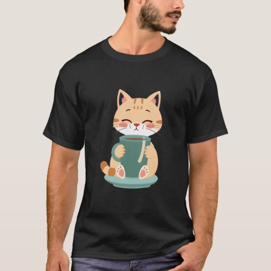 T-shirt Cute Ginger Cat Hugging Cozy Coffee Teal Mug ✨🐾☕ (Devant)
