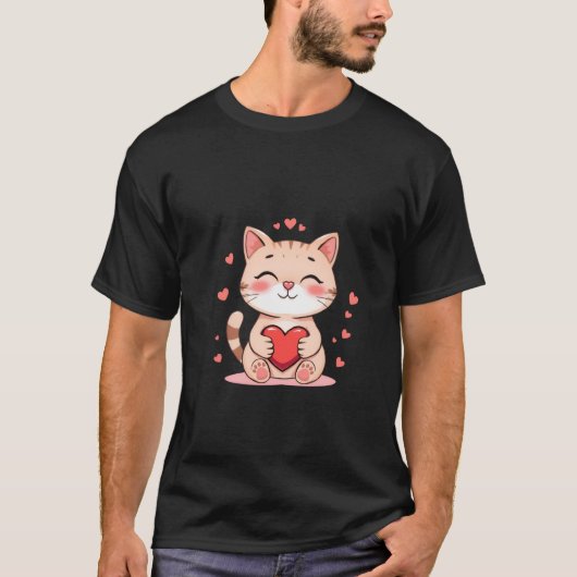 T-shirt Cute Ginger Cat Hugging Red Heart Love Art ✨🐾❤️ (Devant)