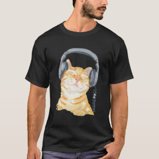 T-shirt Cute Ginger Chat Grossissant À Musique Casques Sue