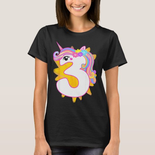 T-shirt Cute Girl Unicorn 3rd Birthday Party Three Years O (Devant)