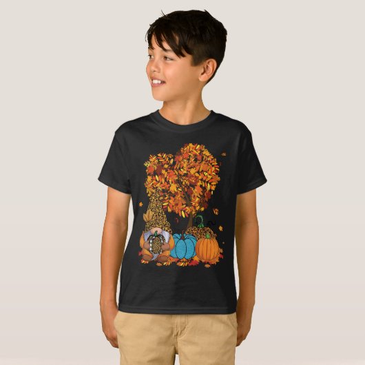 T-shirt Cute Gnome Leopard Citrouille Tree Feuilles automn (Devant entier)