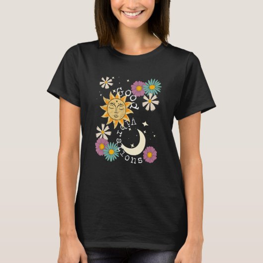 T-shirt Cute Good Vibration Boho Sun Moon Flowers Energy P (Devant)