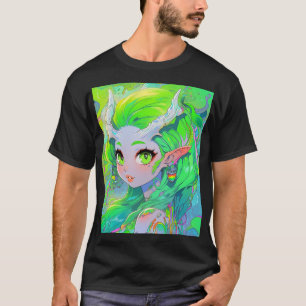 T-shirt Cute Green Horned Wood Elf Anime Girl