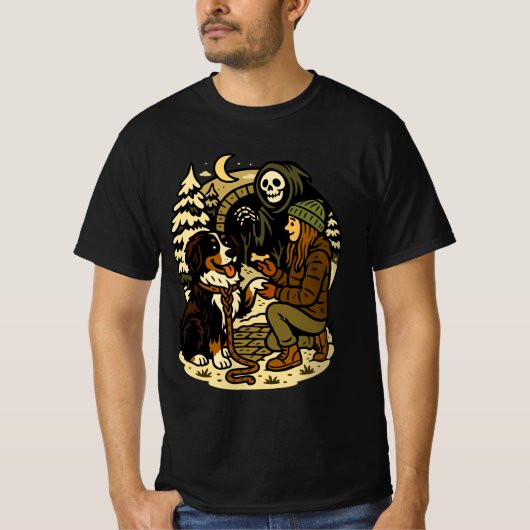 T-shirt Cute Grim Reaper Girl and Dog Spooky Forest Night (Devant)