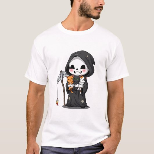 T-shirt Cute Grim Reaper Holding Three Cats Cartoon (Devant)