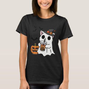 T-shirt Cute Halloween Chat En Costume Fantôme Boire Boba
