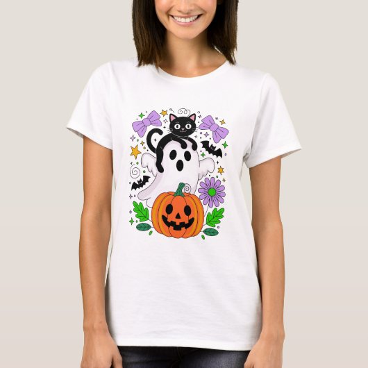 T-shirt Cute Halloween Chat Noir Fantôme et Art Citrouille (Devant)
