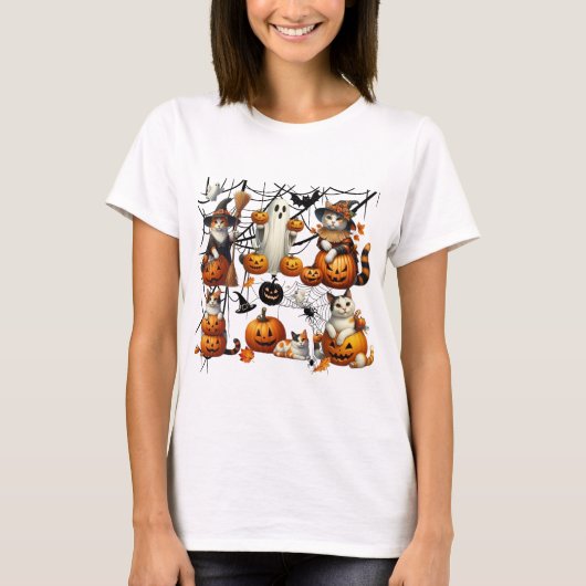 T-shirt Cute Halloween Chats et Citrouilles (Devant)