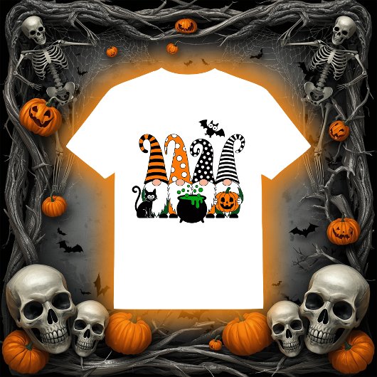 T-shirt Cute Halloween Gnomes with Cauldron and Pumpkin