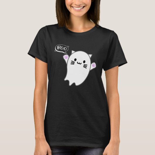 T-shirt Cute Halloween Kitten Cat Flying Ghost Boo Costume (Devant)