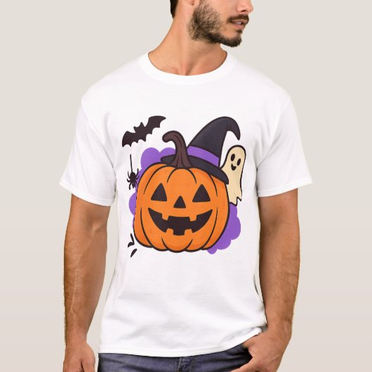 T-shirt Cute Halloween Pumpkin with Witch Hat – Ghost & Ba (Devant)