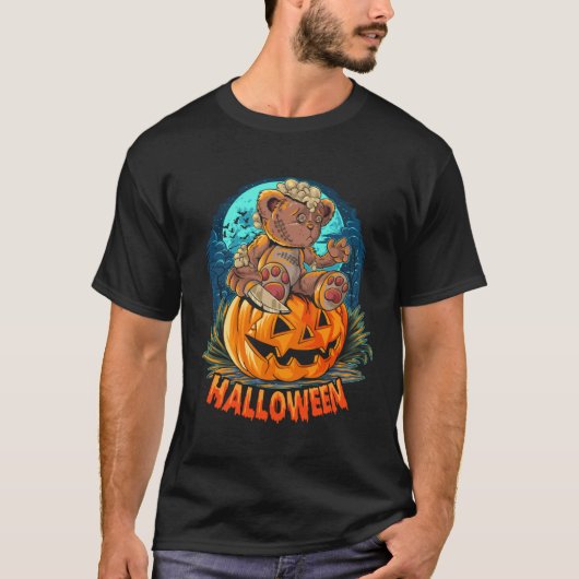 T-shirt Cute Halloween Teddy Bear Sitting Pumpkin Hallowee (Devant)