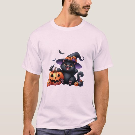 T-shirt Cute Halloween Witch Cat & Pumpkin Friend  🐾🎃 (Devant)