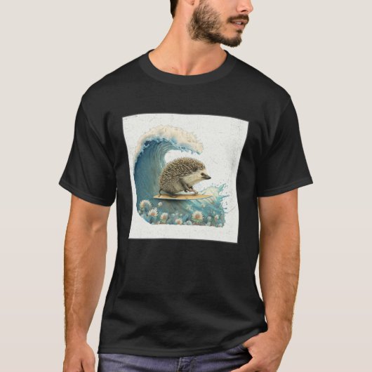 T-shirt Cute Hedgehog Surfing Illustration Sea Great Wave (Devant)