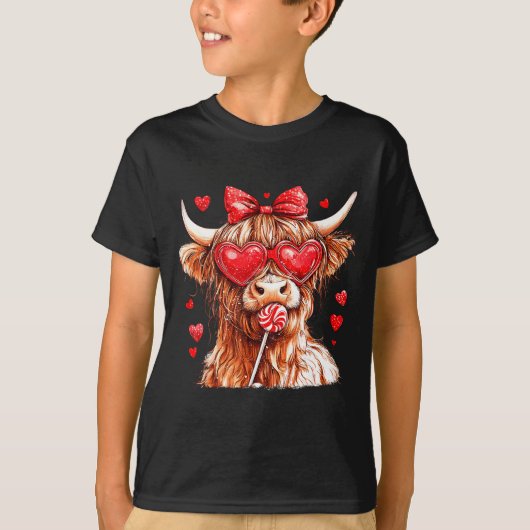 T-shirt Cute Highland Cow Candy Cane Heart Valentines Day (Devant)