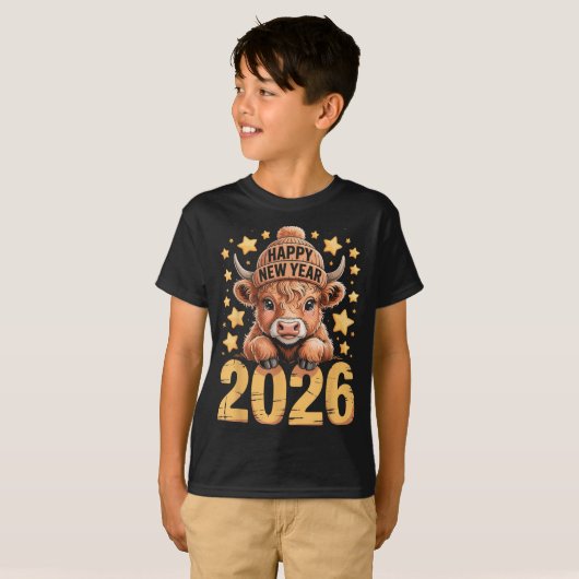T-shirt Cute Highland Cow Happy New Year 2026 Tee Funny An (Devant entier)