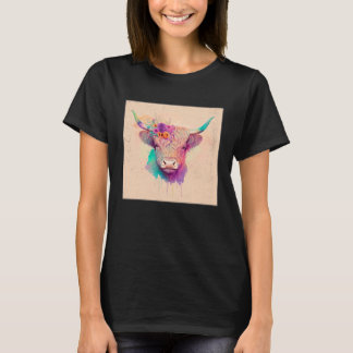 T-shirt Cute Highland Hairy Cow Paint Splatter Floral Colo