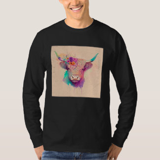 T-shirt Cute Highland Hairy Cow Paint Splatter Floral Colo