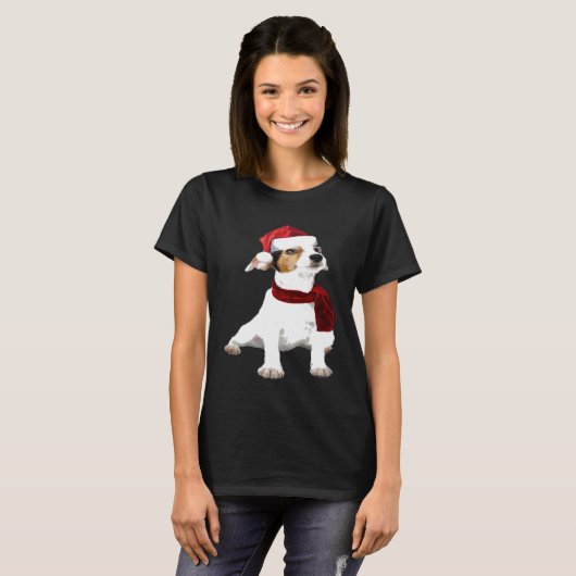 T-shirt Cute Jack Russell Santa Hat Écarf Image Funny Chri (Devant entier)